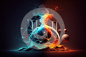 Science background illustration, scientific design. Flasks, glass and chemistry, physics elements. Generative AI