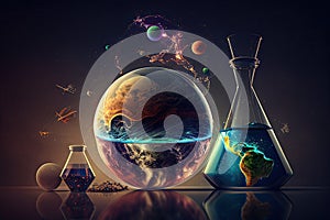 Science background illustration, scientific design. Flasks, glass and chemistry, physics elements. Generative AI