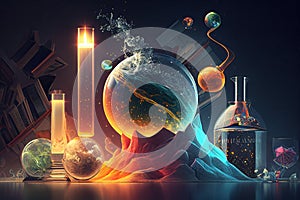 Science background illustration, scientific design. Flasks, glass and chemistry, physics elements. Generative AI