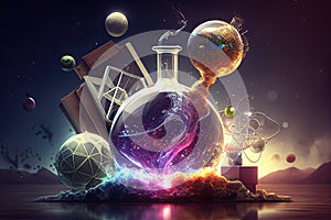 Science background illustration, scientific design. Flasks, glass and chemistry, physics elements. Generative AI