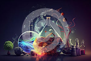 Science background illustration, scientific design. Flasks, glass and chemistry, physics elements. Generative AI