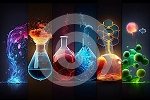 Science background illustration, scientific design. Flasks, glass and chemistry, physics elements. Generative AI