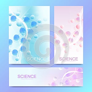 Science banner design template with colorful 3d molecules on modern background. Scientific vector illustration for