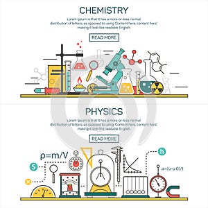 Science banner vector concepts in line style. Chemistry and Physics design elements. Laboratory workspace, science