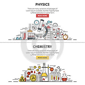 Science banner vector concepts in line style. Chemistry and Physics design elements, symbols, icons.