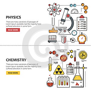 Science banner vector concepts in line style. Chemistry and Physics design elements, symbols, icons.