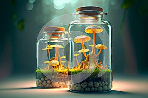 Science and biotechnology concept. Growing of mushrooms in laboratory, ai illustration