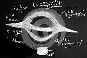 Science and black holes.Basic properties of black holes. A scientist writes physical and mathematical formulas on a