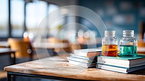 Science Books and Bottles on Wooden Table