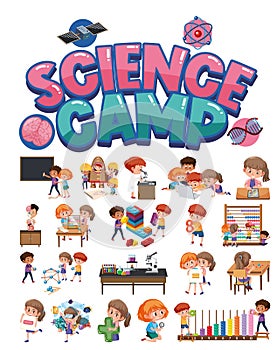 Science camp logo and set of children with education objects isolated