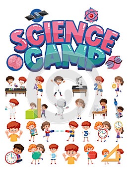 Science camp logo and set of children with education objects isolated