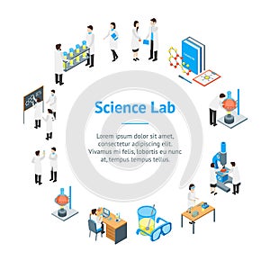 Science Chemical Pharmaceutical 3d Banner Card Circle Isometric View. Vector