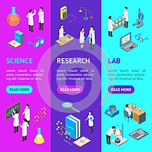 Science Chemical Pharmaceutical 3d Banner Vecrtical Set Isometric View. Vector