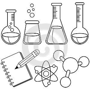 Science and chemistry set. Vector black and white coloring book page.