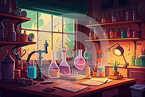 a science classroom with beakers, test tubes, and microscopes