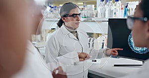 Science, computer and team of scientists with bacteria in laboratory for study, research or experiment. Collaboration