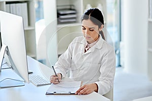 Science, computer and woman with checklist, clipboard and results for medical study in laboratory. Paperwork, writing