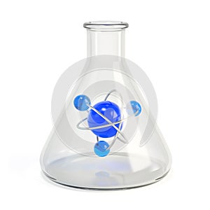 Science concept. Conical laboratory flask with atom model symbol