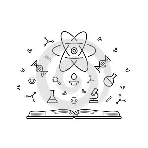 Science concept knowledge base - open book with chemical and physical elements of energy, dna, microscope, atoms