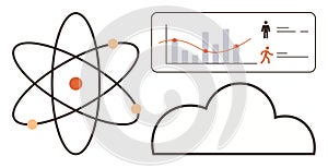 Science, Data Analytics, and Cloud Computing Concept with Atom, Graphs, and Cloud Elements