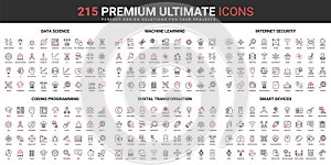 Science digital technology and hightech smart devices thin line red black icons set for mobile app photo