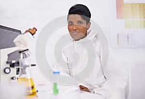 Science, doctor and portrait of woman in laboratory with sample for medical research, analysis and vaccine. Healthcare