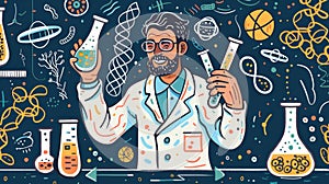 A science doodle concept showing a chemist or biologist holding a beaker with reagent in a lab, along with molecule