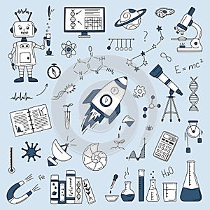 Science doodle set with rocket, constellation, telescope, microscope, flask, books, DNA, magnet, planet, radio telescope in doodle