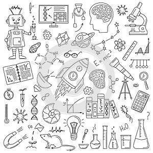 Science doodle set with rocket, constellation, telescope, microscope, flask, books, DNA, magnet, planet, radio telescope in doodle