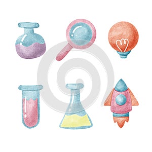 Science education concept. Watercolor of magnifying glass, rocket, light bulb, chemistry glass, and tube on white background