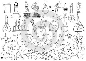 Science education doodle set of Biology, mathematics, physics, chemistry, robotic technology,