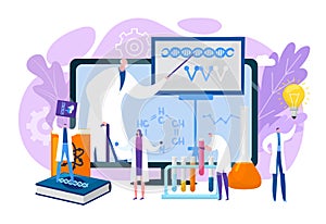 Science education with flat device technology, vector illustration. Online learning, researching with digital book