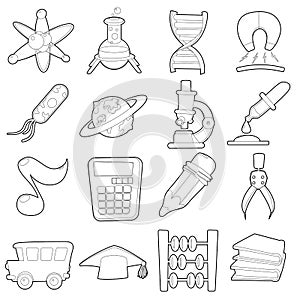 Science education icons set, cartoon outline style