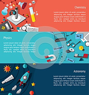 Science education infographic banner template layout such as physics, chemistry and astonomy background website page