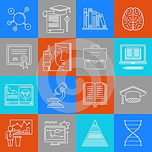 Science and education lineart minimal vector iconset on multicolor checkered texture