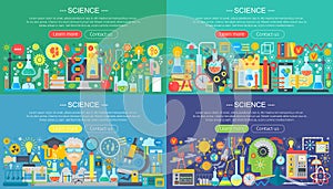 Science, education, online learning, smart ideas and research horisontal flat concept design horizontal banners set.