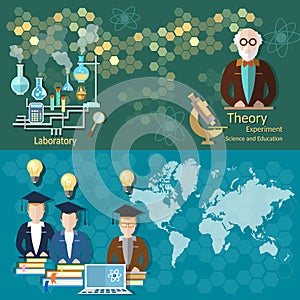 Science and education, professors, students international, vector banners photo