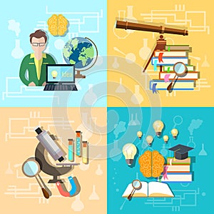 Science and education: students, college, set vector icons