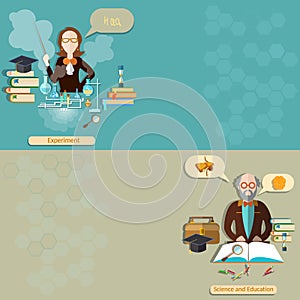 Science and education: teacher, student, professor, lessons, vector banners