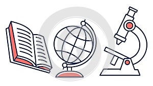 Science Education Tools, Book, Globe, Microscope for Learning. vector design Generative AI