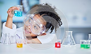 Science, eduction and smile with child in laboratory for experiment, learning and research. Future, study and knowledge