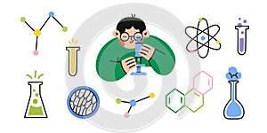 Science elements set. Boy with microscope. Flat vector illustration.