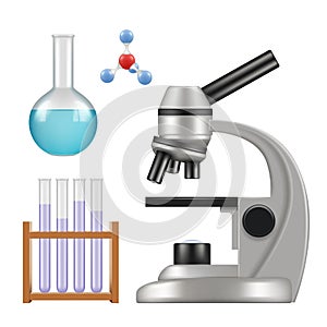 Science equipment. Microscope scientific chemical laboratory items glass cylinder and tubes beakers pipette vector