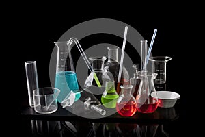 science experiment, with beakers, test tubes and other equipment on black background