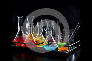 science experiment, with beakers, test tubes and other equipment on black background