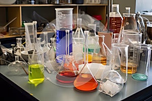 science experiment, with beakers, test tubes and other equipment visible