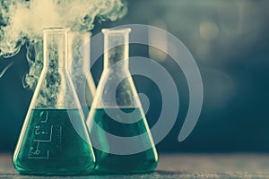 Science Experiment Green Liquid in Erlenmeyer Flasks Smoke Lab