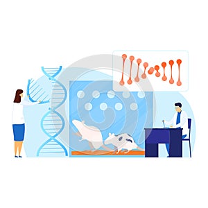 Science experiment with rat dna in medicine laboratory, vector illustration. Biology research by flat chemistry test in