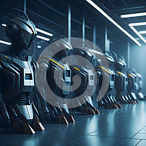 Science Fiction Cyber Futuristic Cyborg Robot Factory Facility Hangar Ready Models Programing Hi-tech Realistic Dark Background