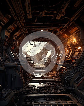 science fiction fantasy with this background featuring a destroyed SF hallway.